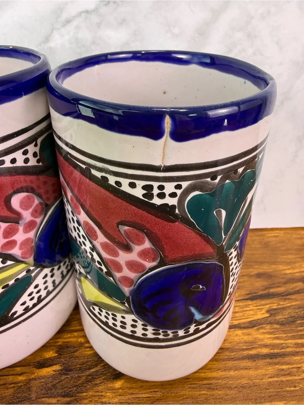 Set of 6 Mexican Talavera Style Pottery Tumblers Hand Painted Fish Folk Art Cups